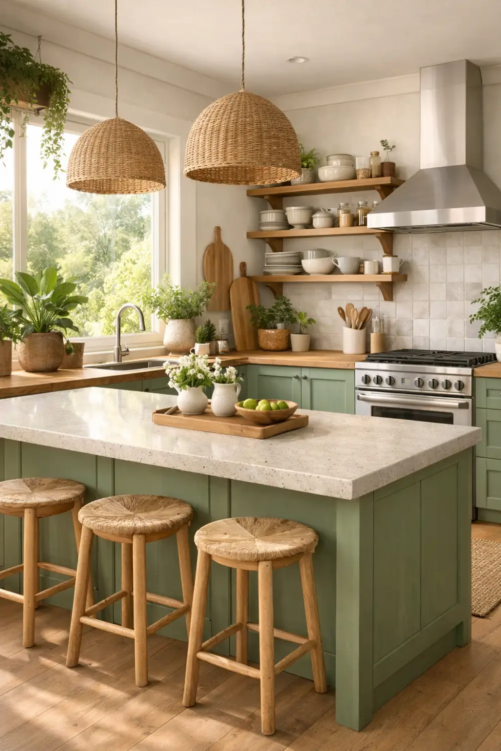 Nature inspired green kitchen with woven pendant lights, wood shelves and cozy modern decor