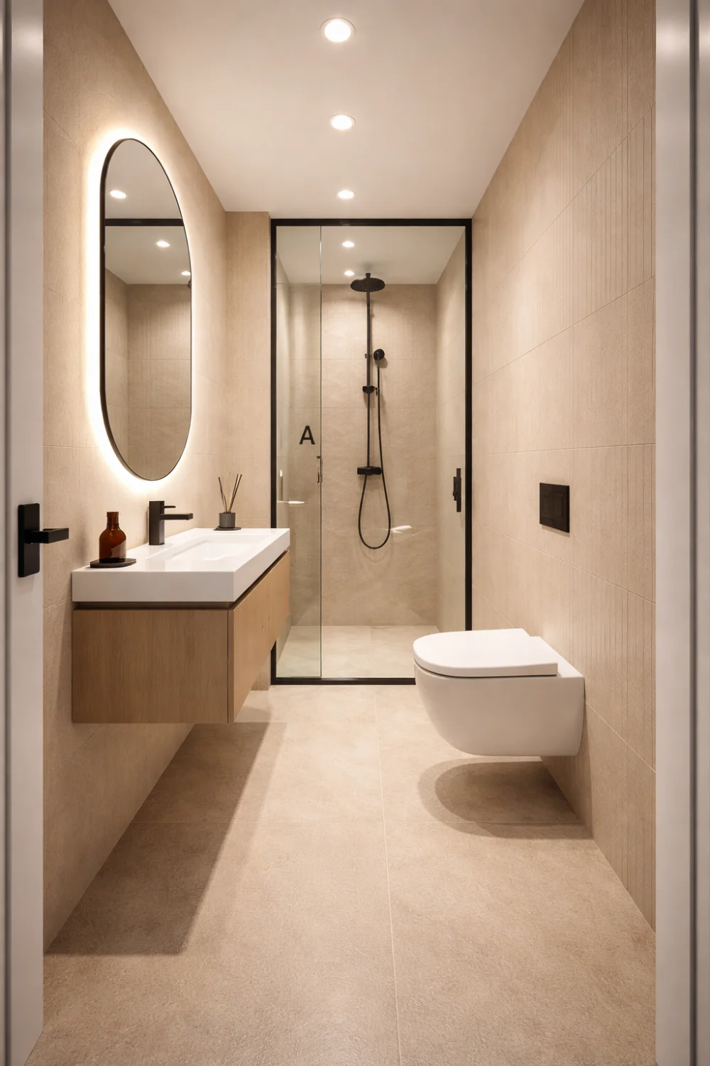 beige narrow bathroom minimal design glass shower modern small bathroom