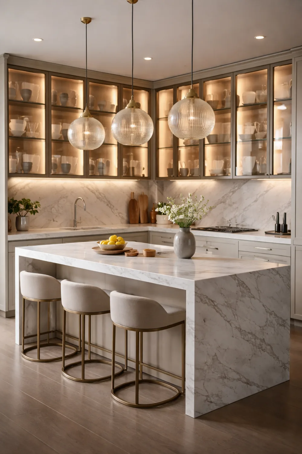 Luxury kitchen with glass display cabinets, marble island and warm interior lighting