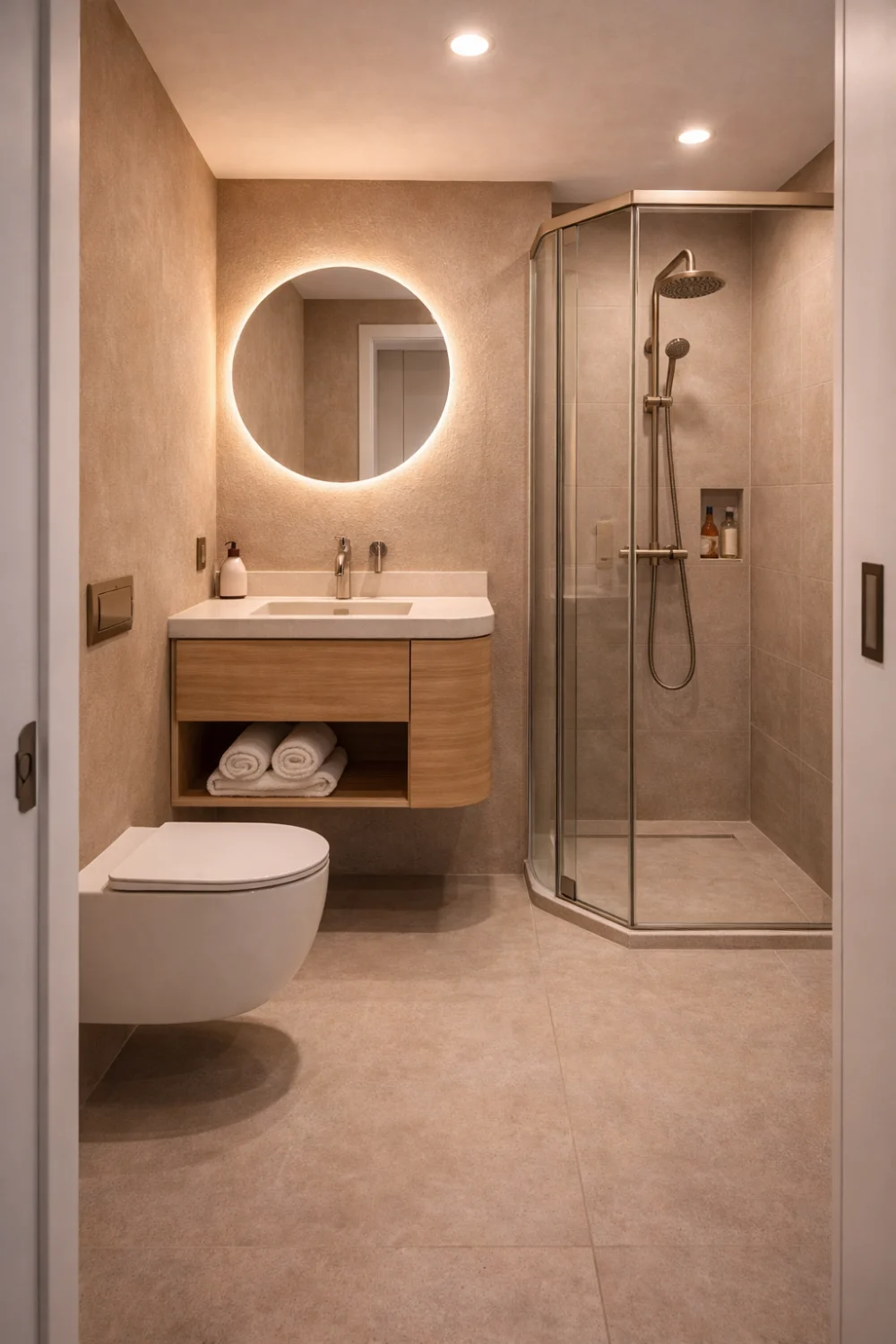 corner shower bathroom curved glass small bathroom space saving design