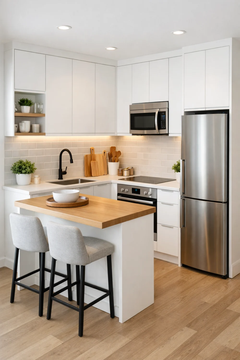 Compact modern apartment kitchen with white cabinets, wood breakfast bar and minimalist design
