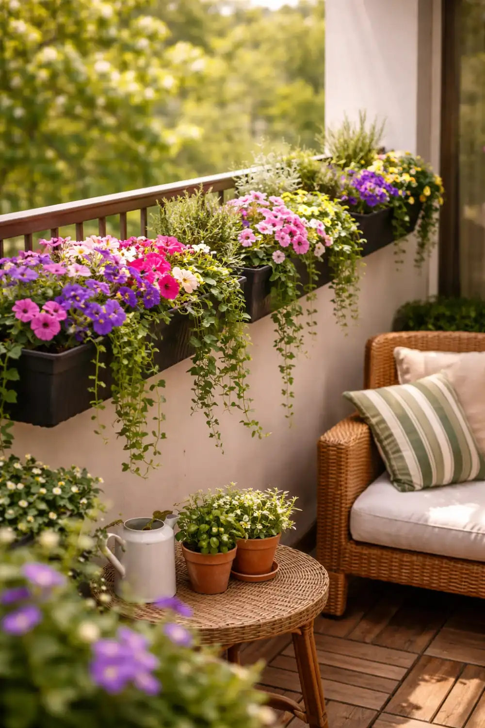 Balcony railing planter boxes filled with colorful flowers and trailing greenery creating a vibrant container garden on a modern apartment balcony.