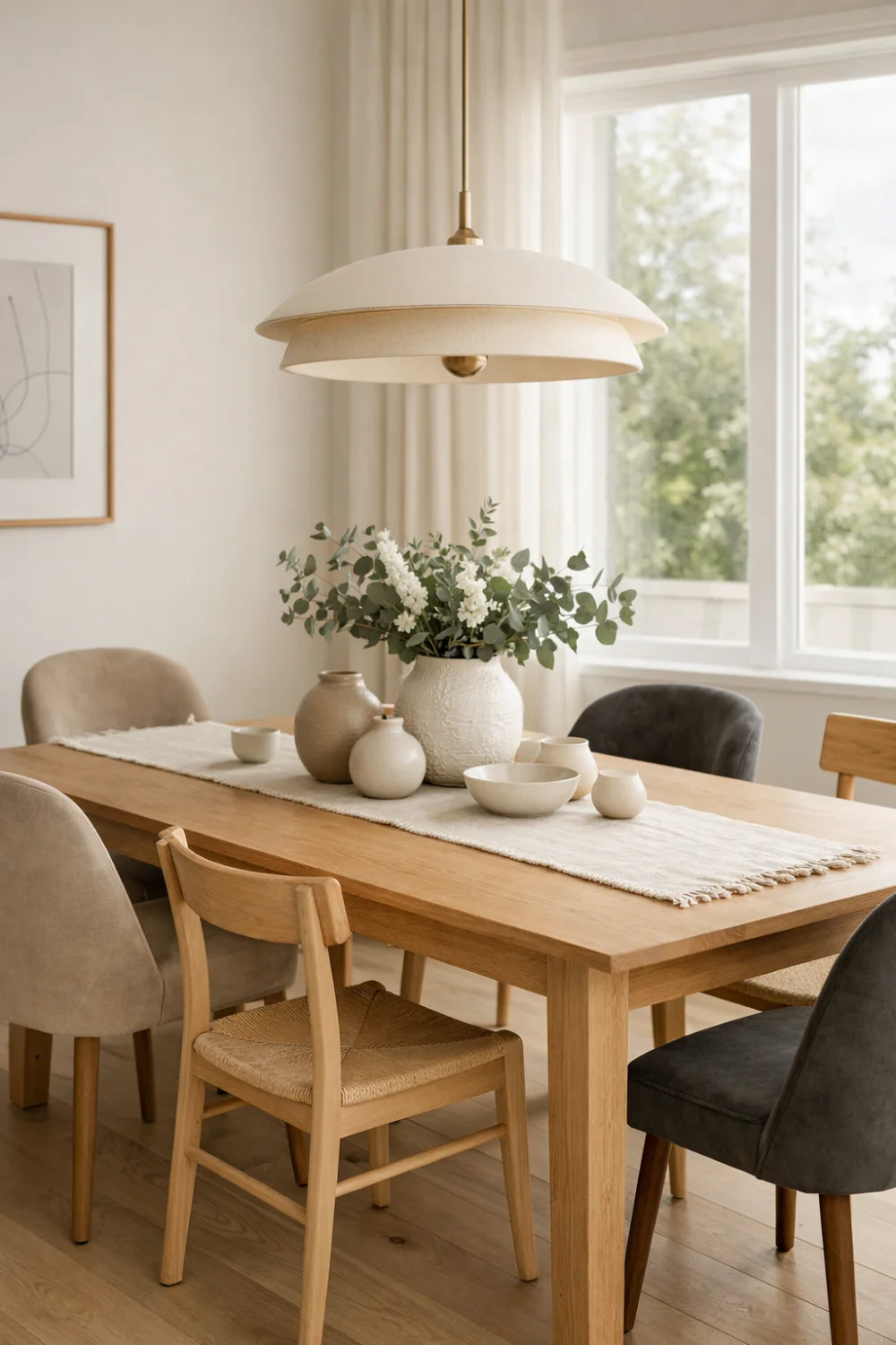Modern dining room with mixed dining chairs around a wooden table, neutral decor, soft natural lighting, and minimalist styling creating a cozy Scandinavian inspired dining space.