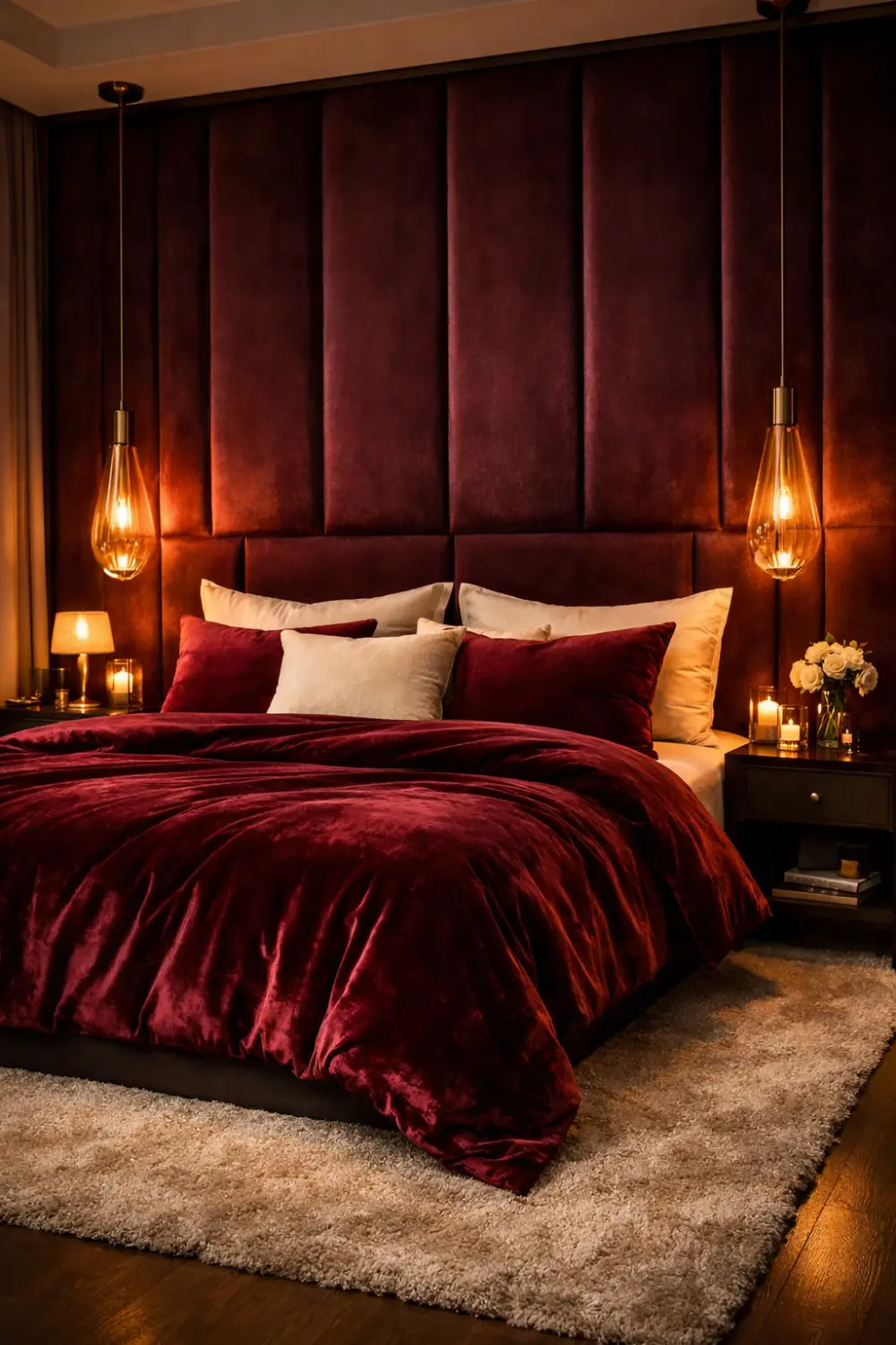 Burgundy velvet romantic bedroom idea for couples with pendant lighting and cozy luxury bedding