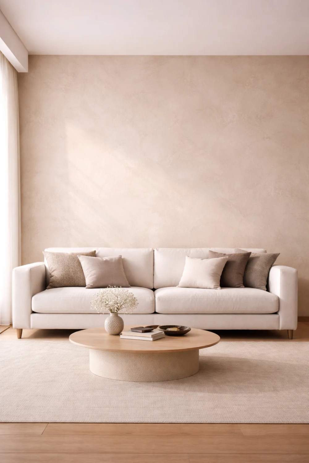 Modern living room with soft beige plaster accent wall behind a neutral sofa, minimalist decor, natural daylight and warm contemporary interior styling.