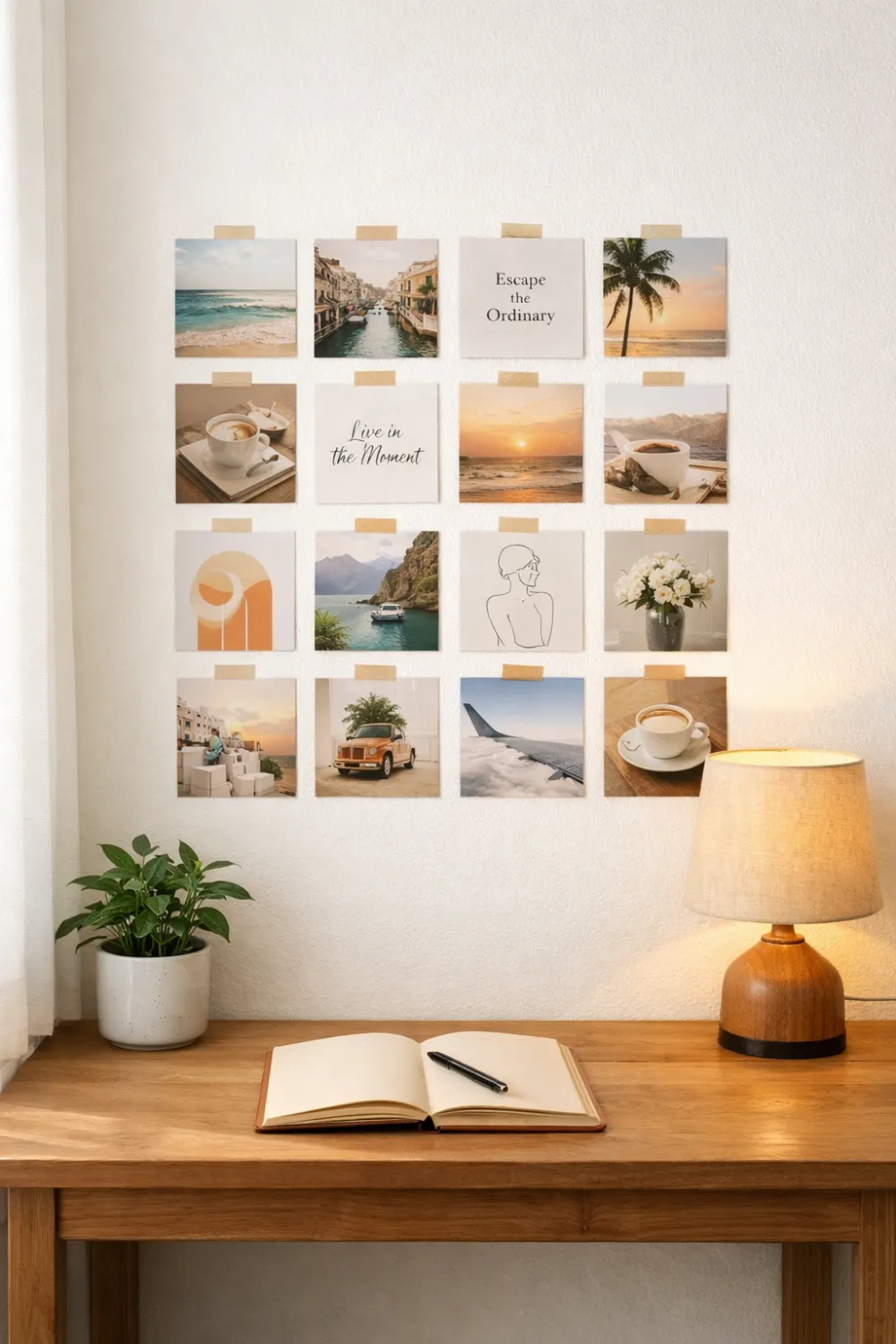 Aesthetic photo grid wall collage with travel photos quotes and art prints arranged neatly above a wooden desk creating a cozy and creative room decor setup.