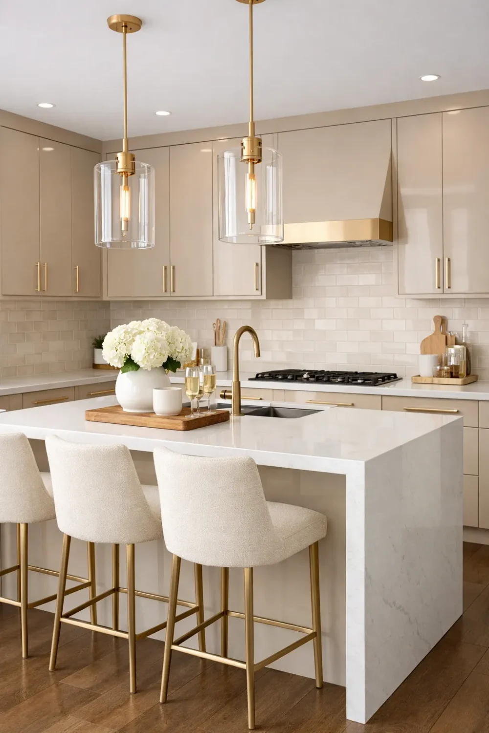 Elegant beige modern kitchen with white island, gold pendant lights, marble countertops and luxury contemporary kitchen decor