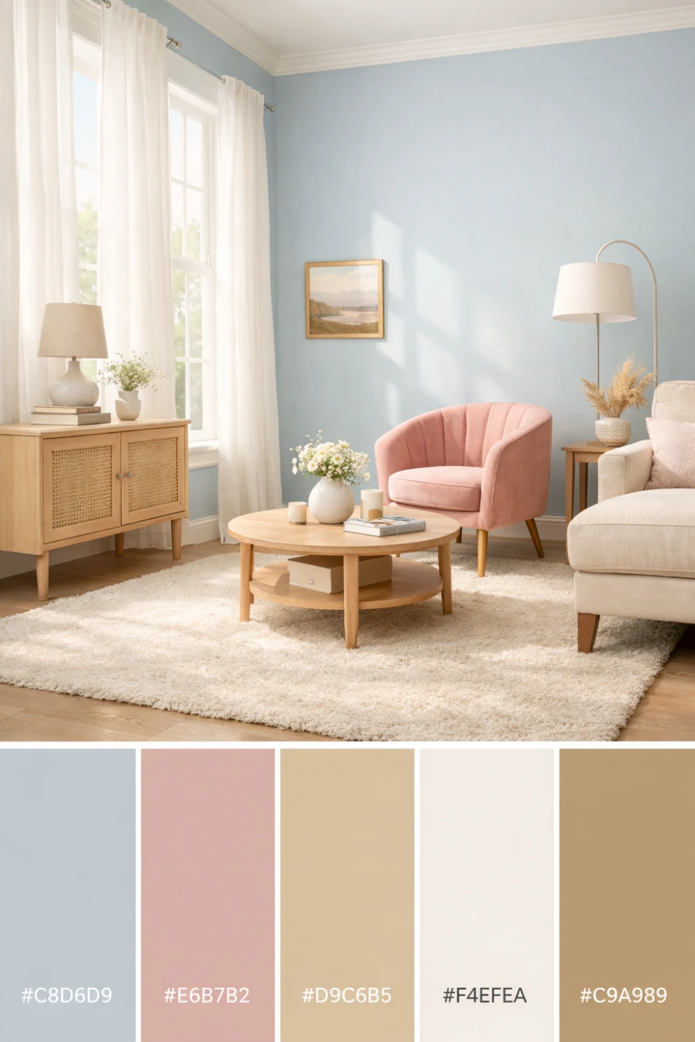 soft blue and blush pink living room color palette modern pastel interior design inspiration