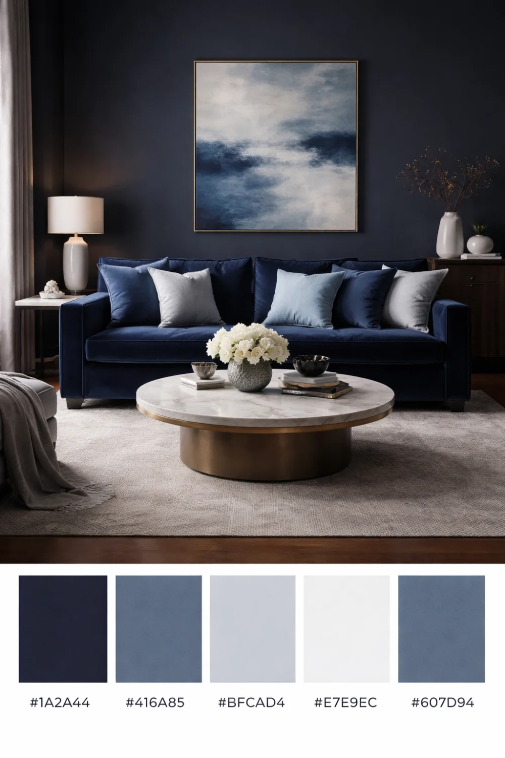 deep ocean blue color palette modern navy living room interior moody coastal home decor inspiration