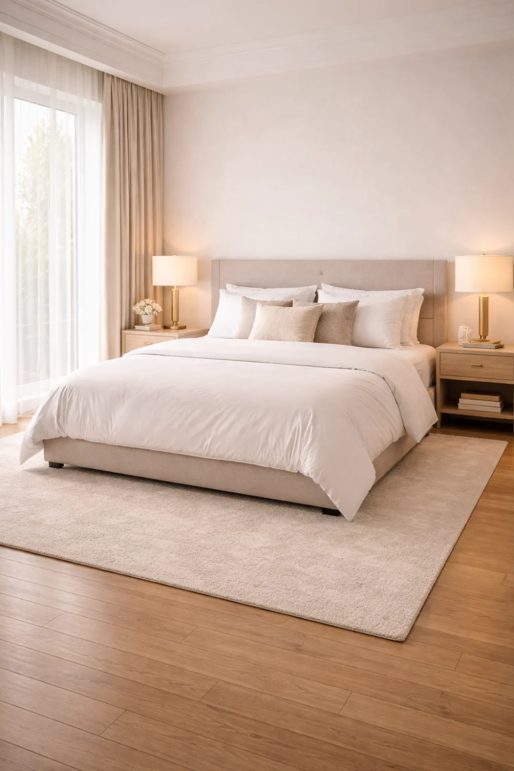 minimalist hotel style bedroom with neutral bedding wooden furniture modern luxury bedroom interior inspiration