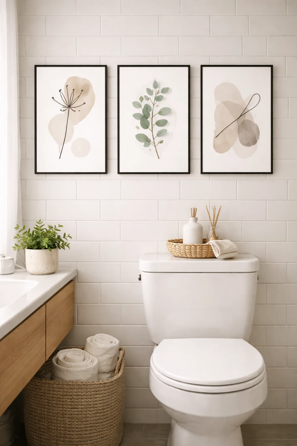 minimalist framed wall art bathroom decor above toilet with botanical prints black frames white tile wall modern bathroom styling