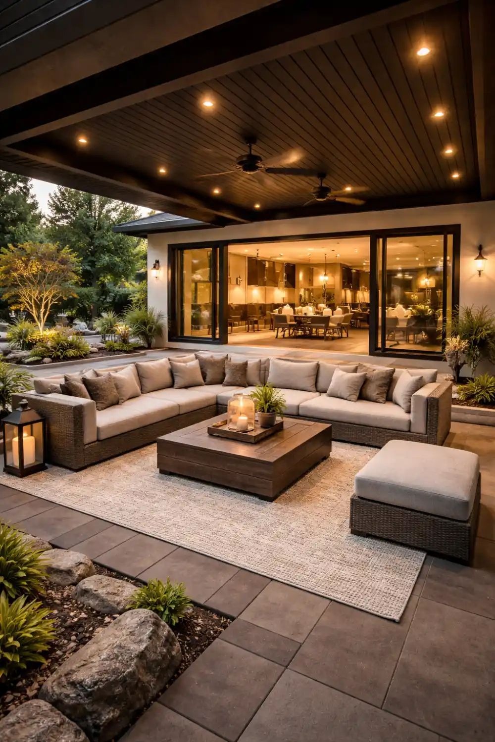 covered patio outdoor living room with sectional sofa, ceiling lights, modern pergola roof and stylish backyard seating area