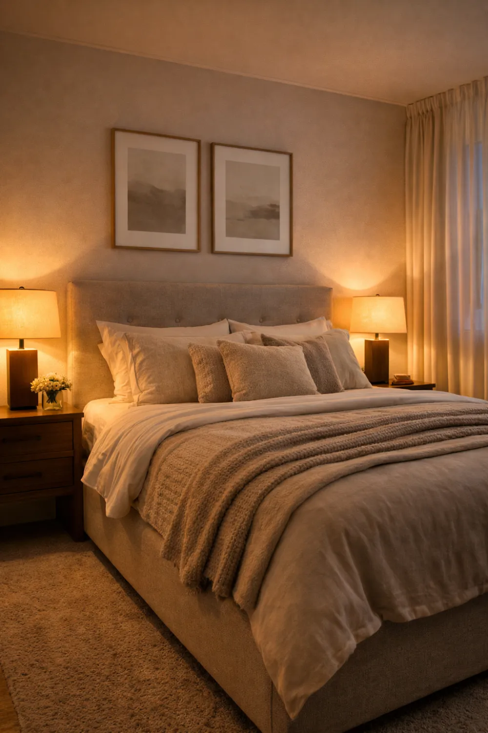 cozy bedroom lighting idea with warm bedside lamps and neutral luxury bedding decor