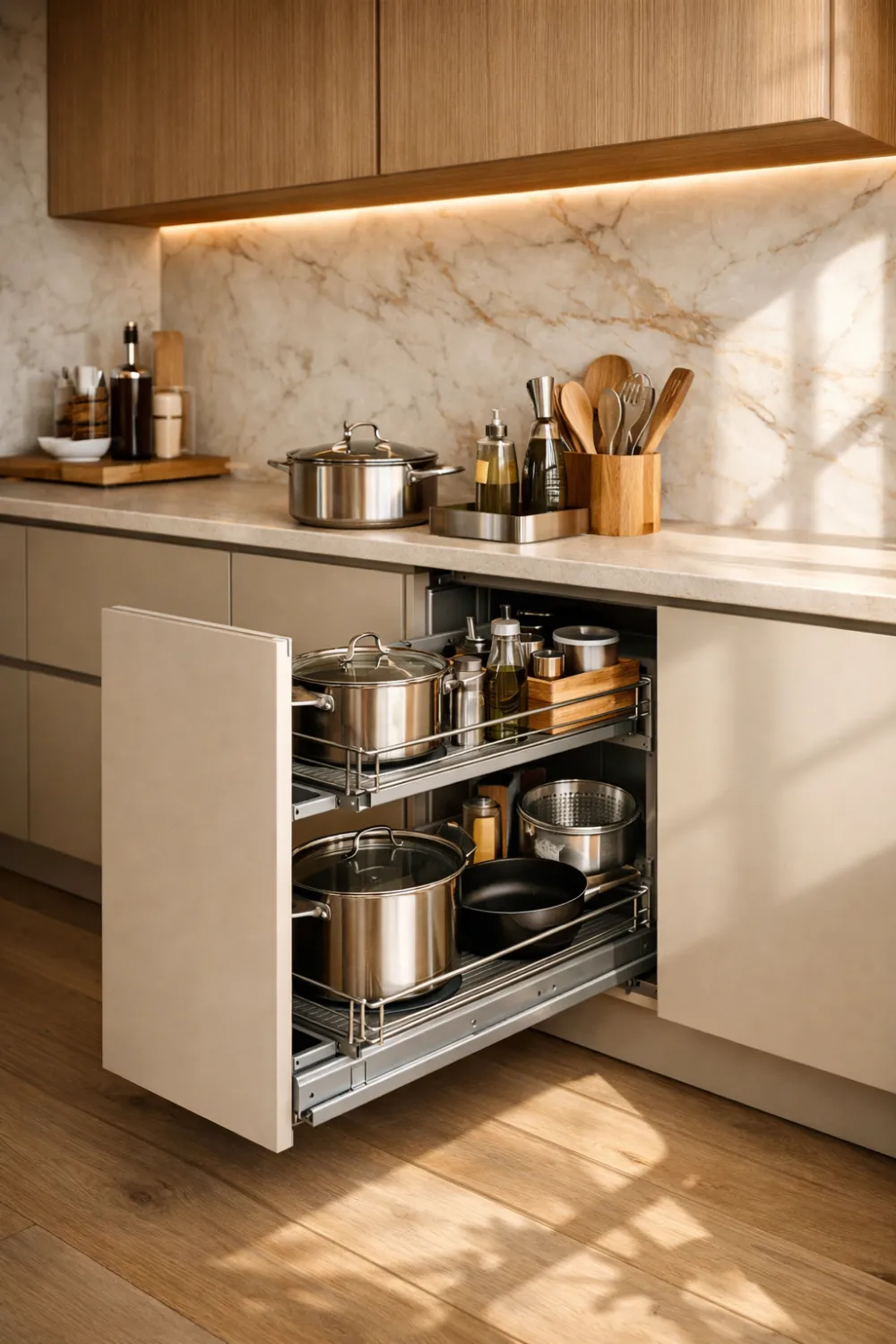 Modern pull out cabinet organizer storing pots and pans neatly inside a minimalist beige kitchen with marble countertop and wooden shelves.