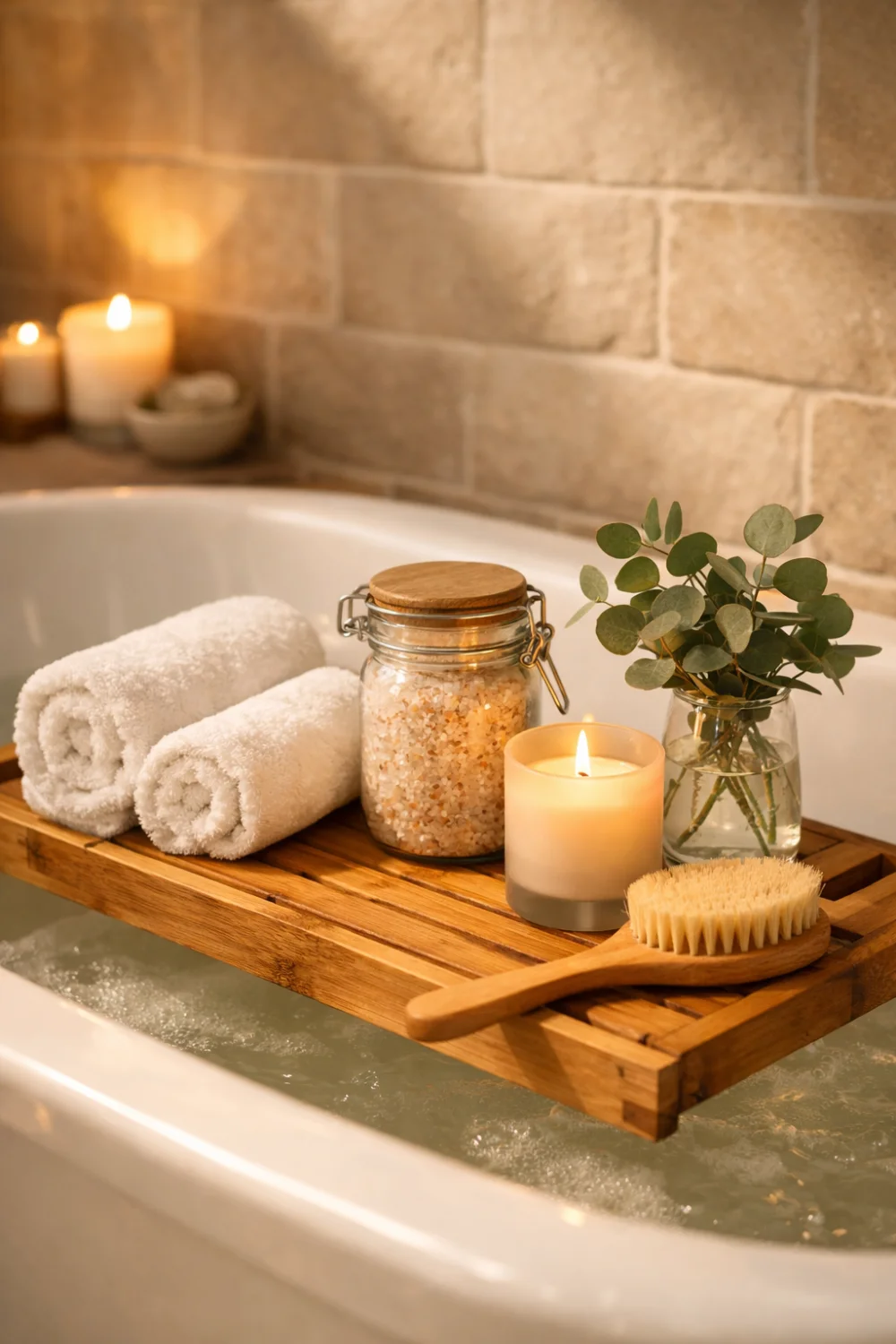 Spa inspired bathtub tray with rolled towels candle bath salts and plant for relaxing bathroom decor