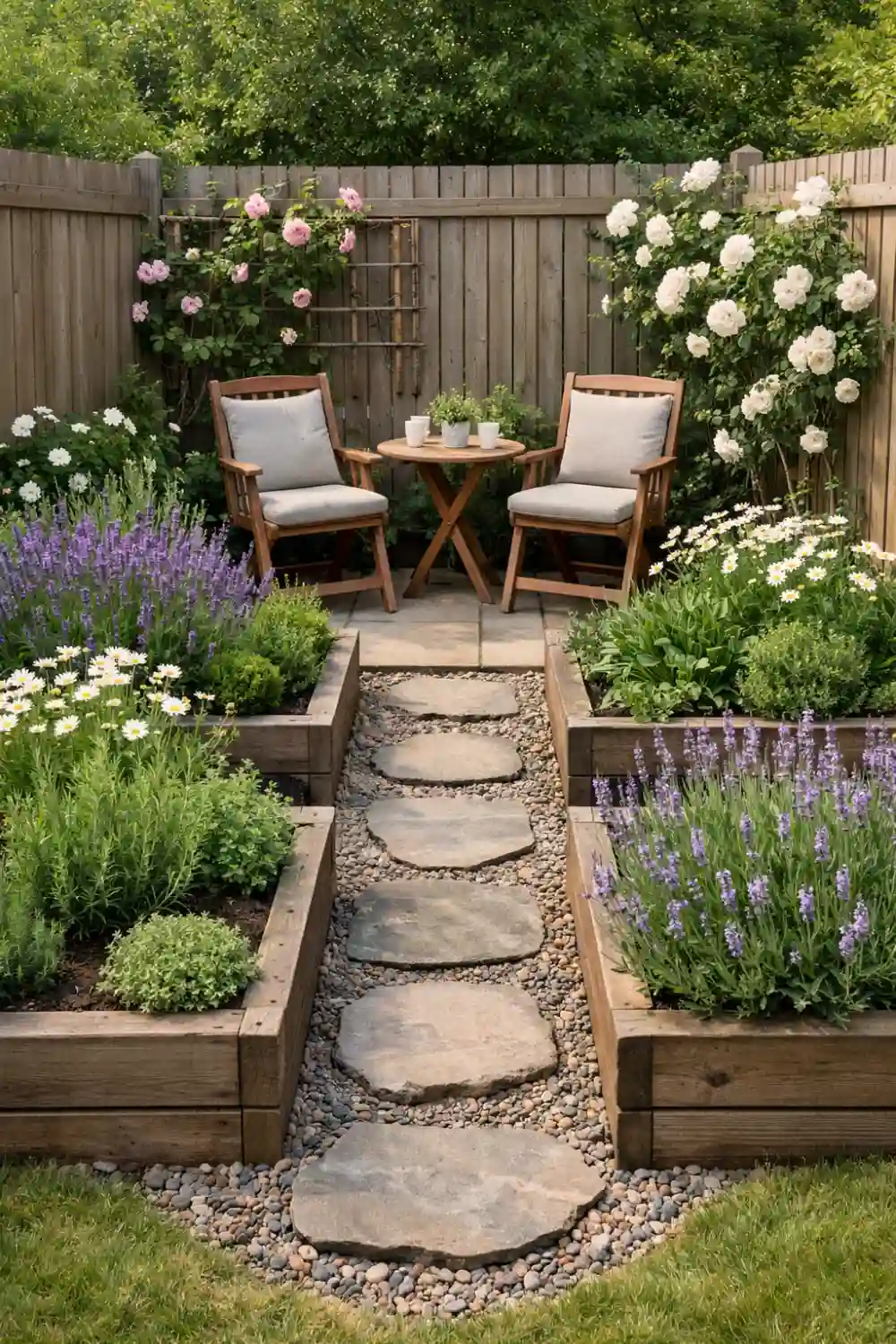 cozy cottage garden seating area with raised beds lavender daisies and wooden chairs backyard design