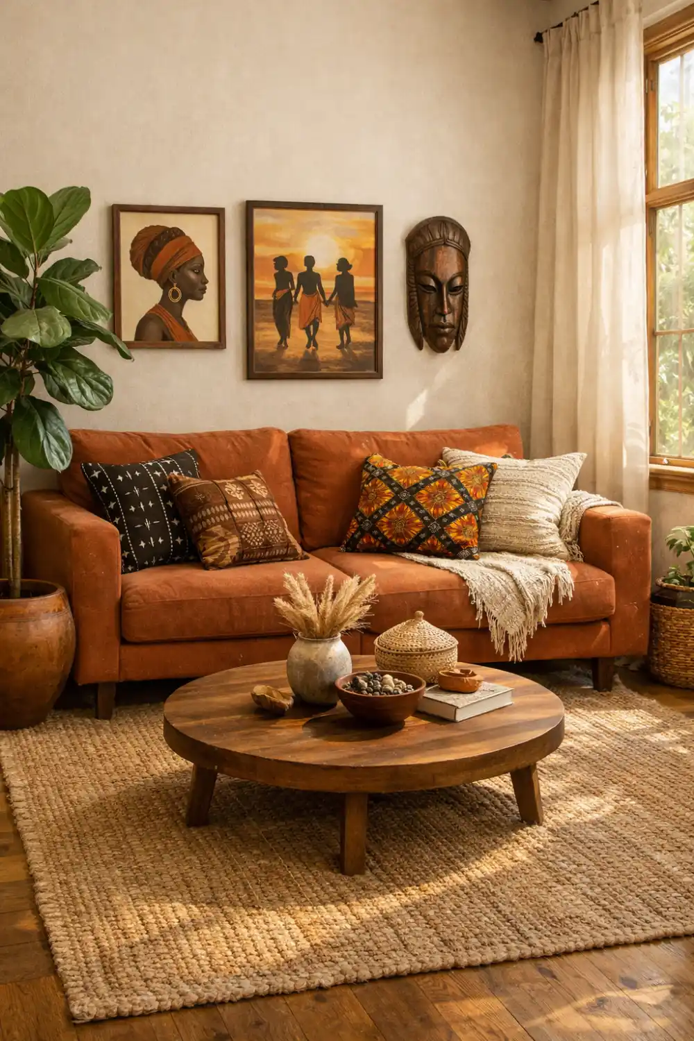 Afrohemian living room with terracotta sofa, African wall art, tribal mask decor and wooden coffee table