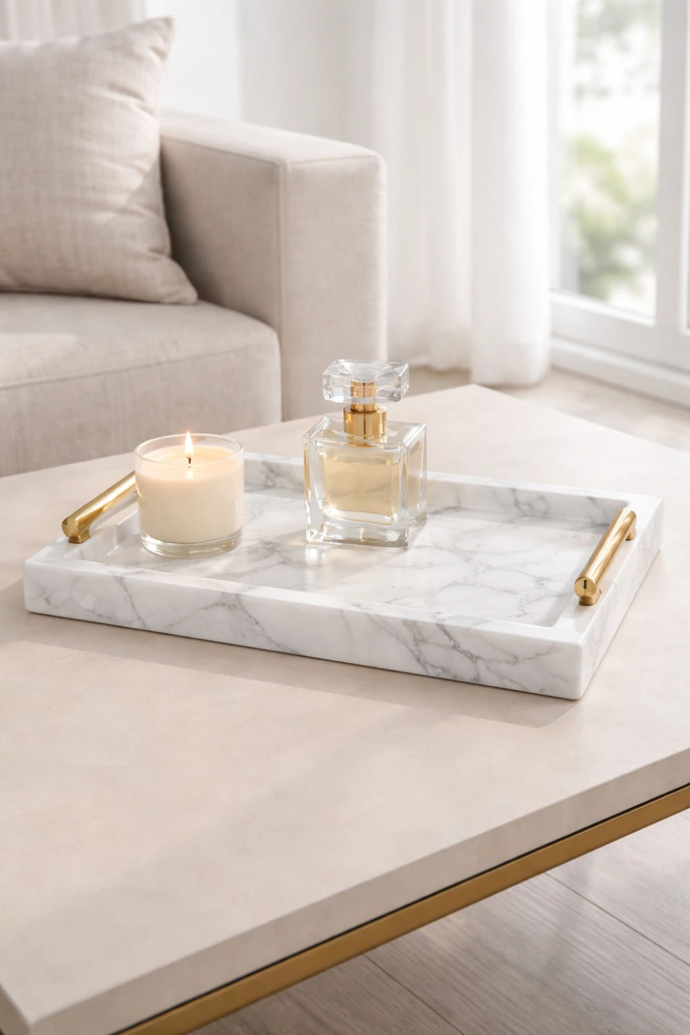 DIY faux marble tray decor with gold handles and candle setup