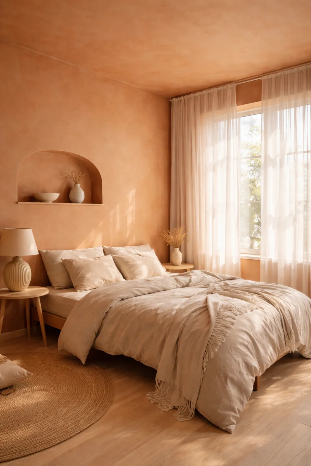 terracotta color drenched bedroom with warm tones and natural light aesthetic