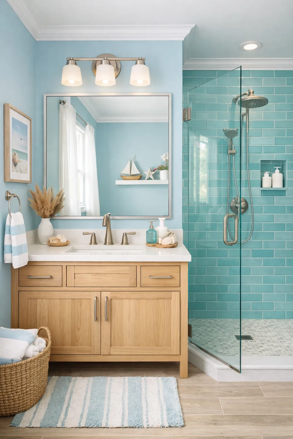 small coastal bathroom blue walls wood vanity glass shower bright design