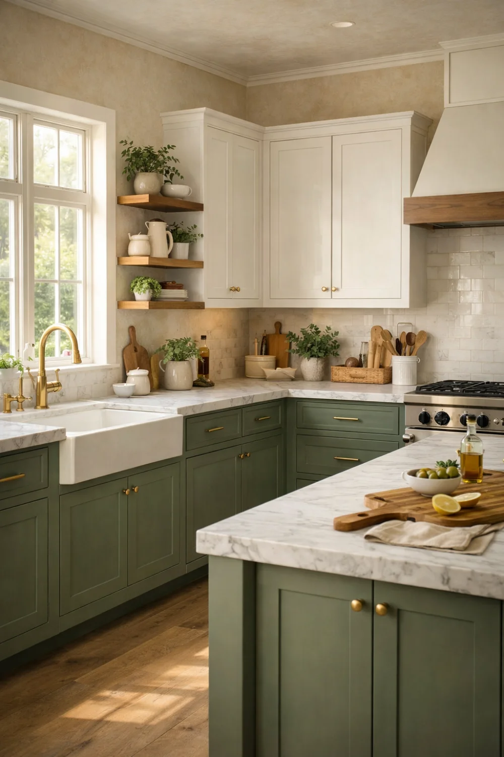 sage green farmhouse kitchen marble countertops brass hardware open shelves cozy design