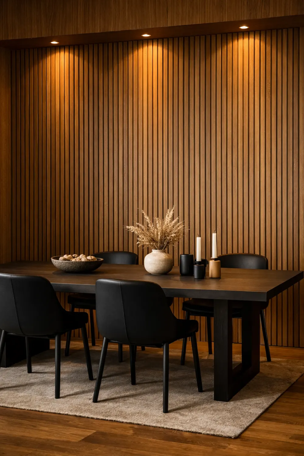 wood slat dining room wall decor modern wooden panel accent wall warm cozy dining space design