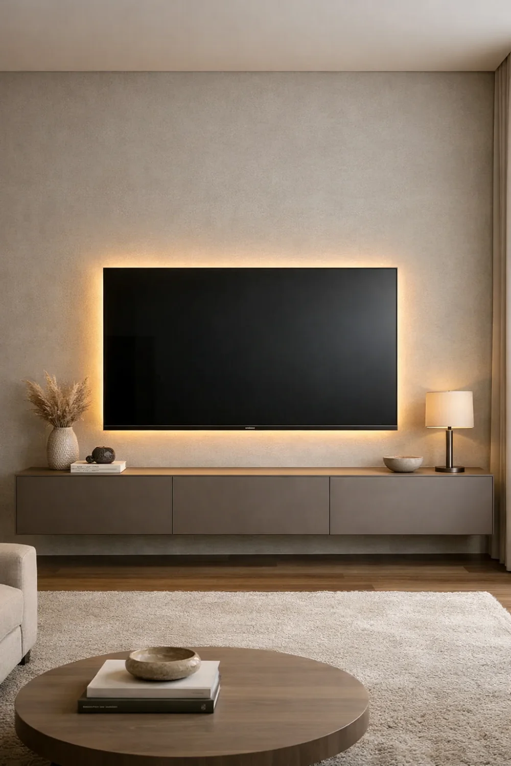 Minimalist LED backlit TV wall with floating console and neutral decor creating a clean and calming modern living room media wall