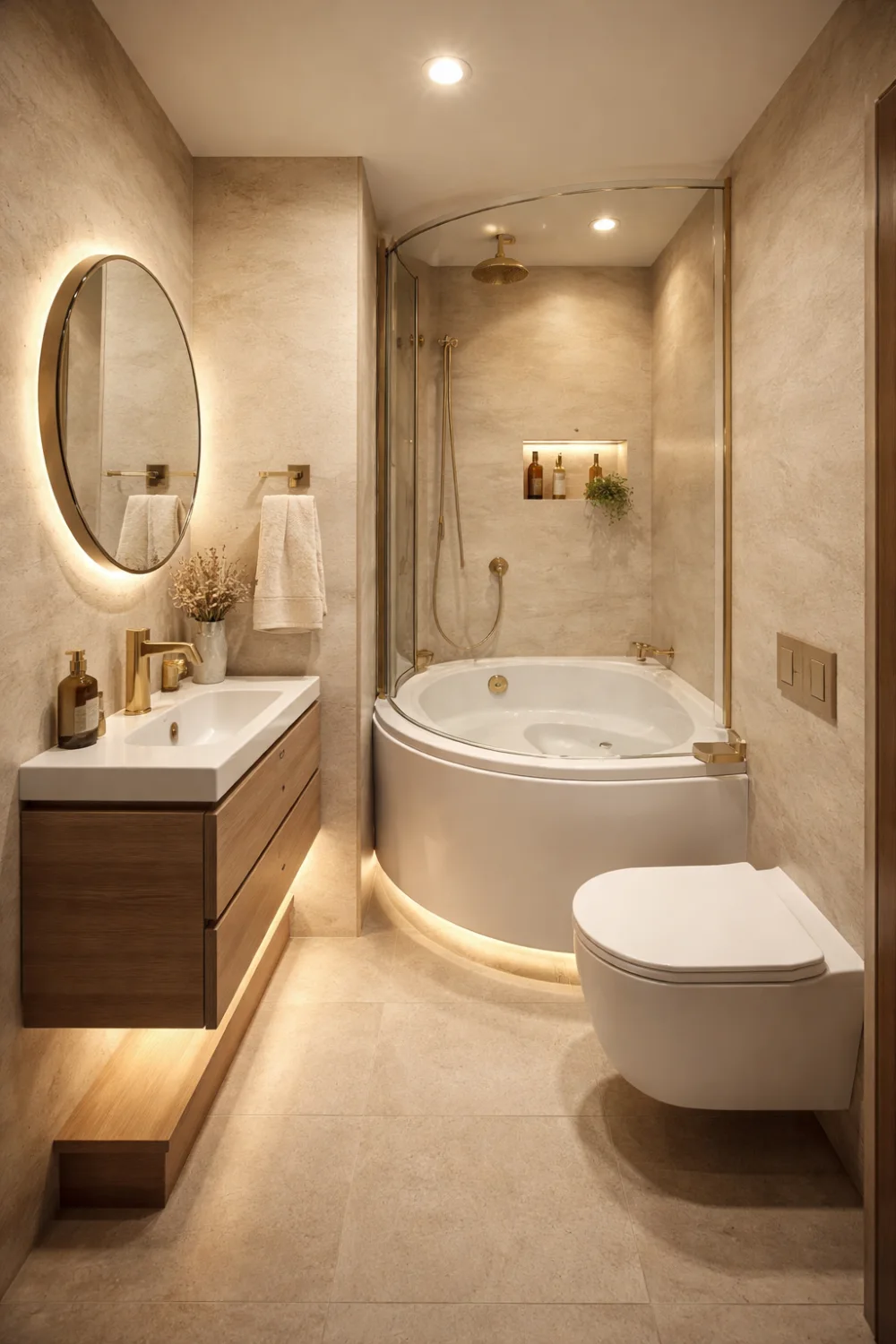 corner jacuzzi bathroom warm lighting floating vanity modern small design
