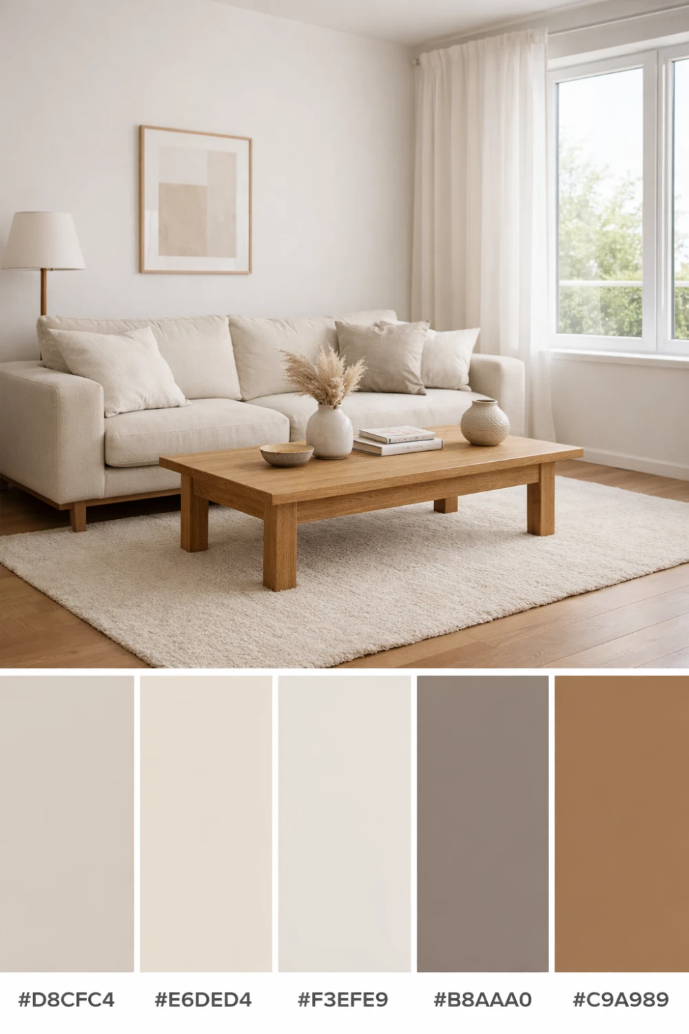 warm neutral living room color palette with beige cream taupe and natural wood modern interior