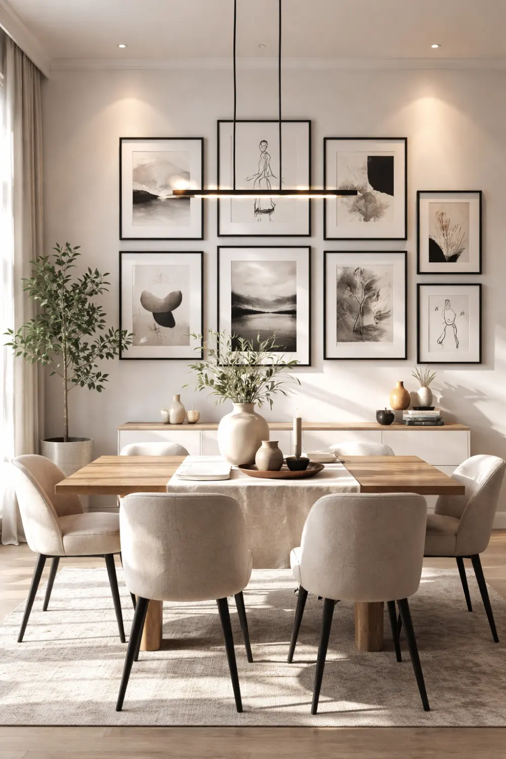 gallery wall dining room decor black frame art neutral aesthetic modern dining room wall ideas