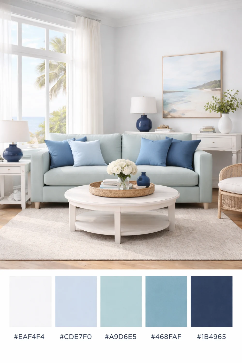 coastal breeze ocean color palette light blue living room beach house interior decor inspiration