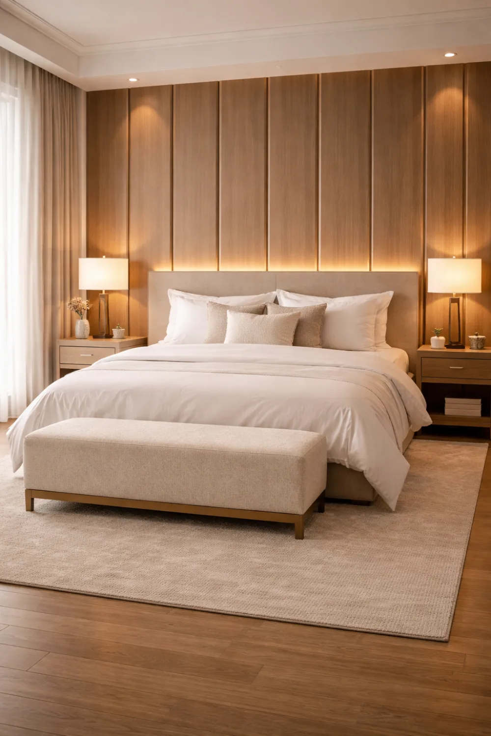 luxury hotel bedroom with wooden accent wall neutral bedding modern elegant bedroom decor inspiration