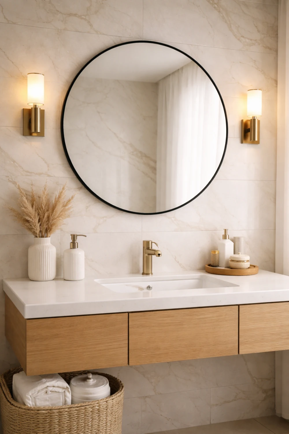 round statement mirror bathroom vanity decor with marble tiles gold fixtures and wall sconces modern luxury bathroom design