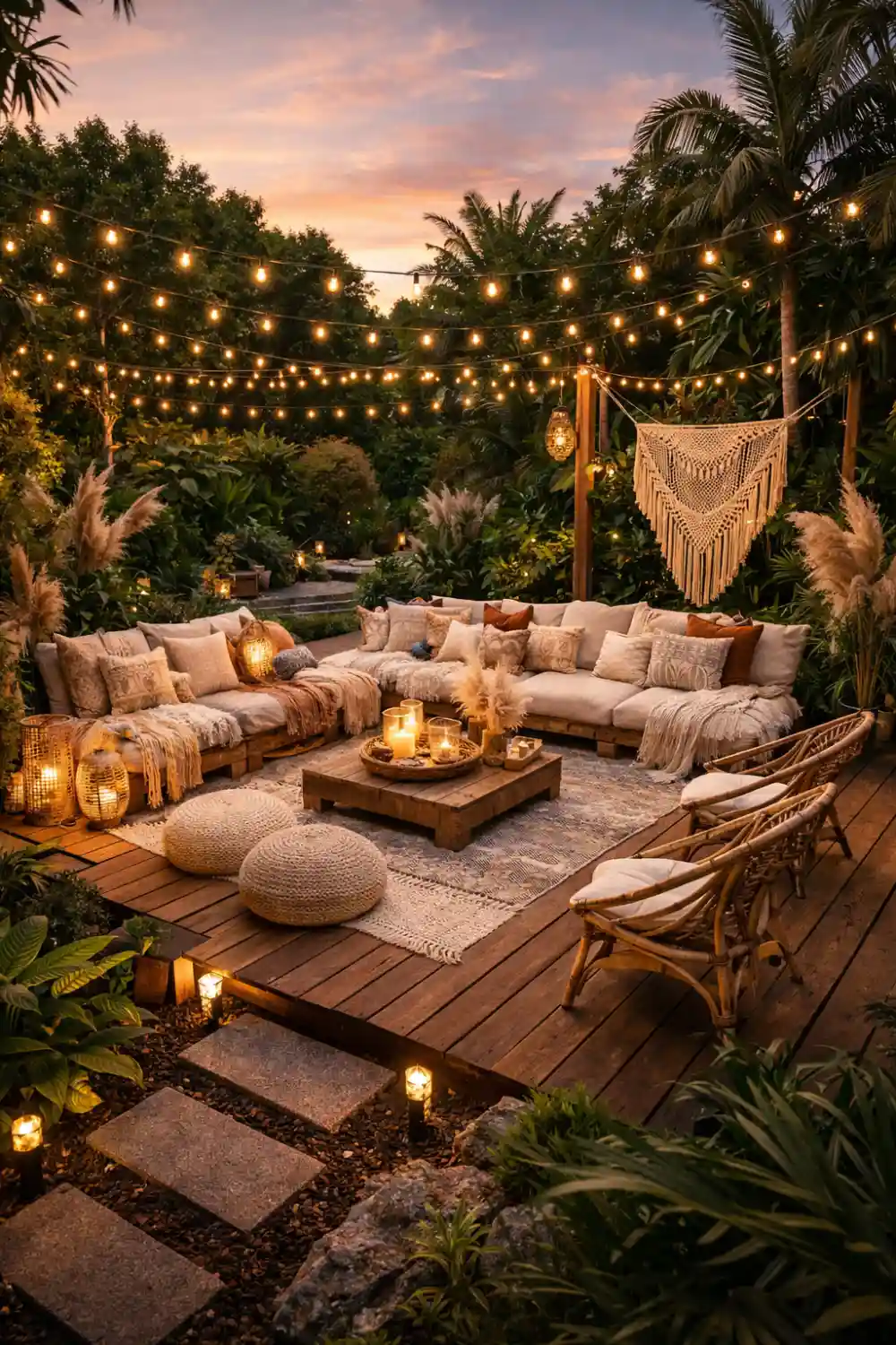 boho outdoor lounge backyard with pallet sofa seating, woven rug, lantern lights and cozy garden patio decor