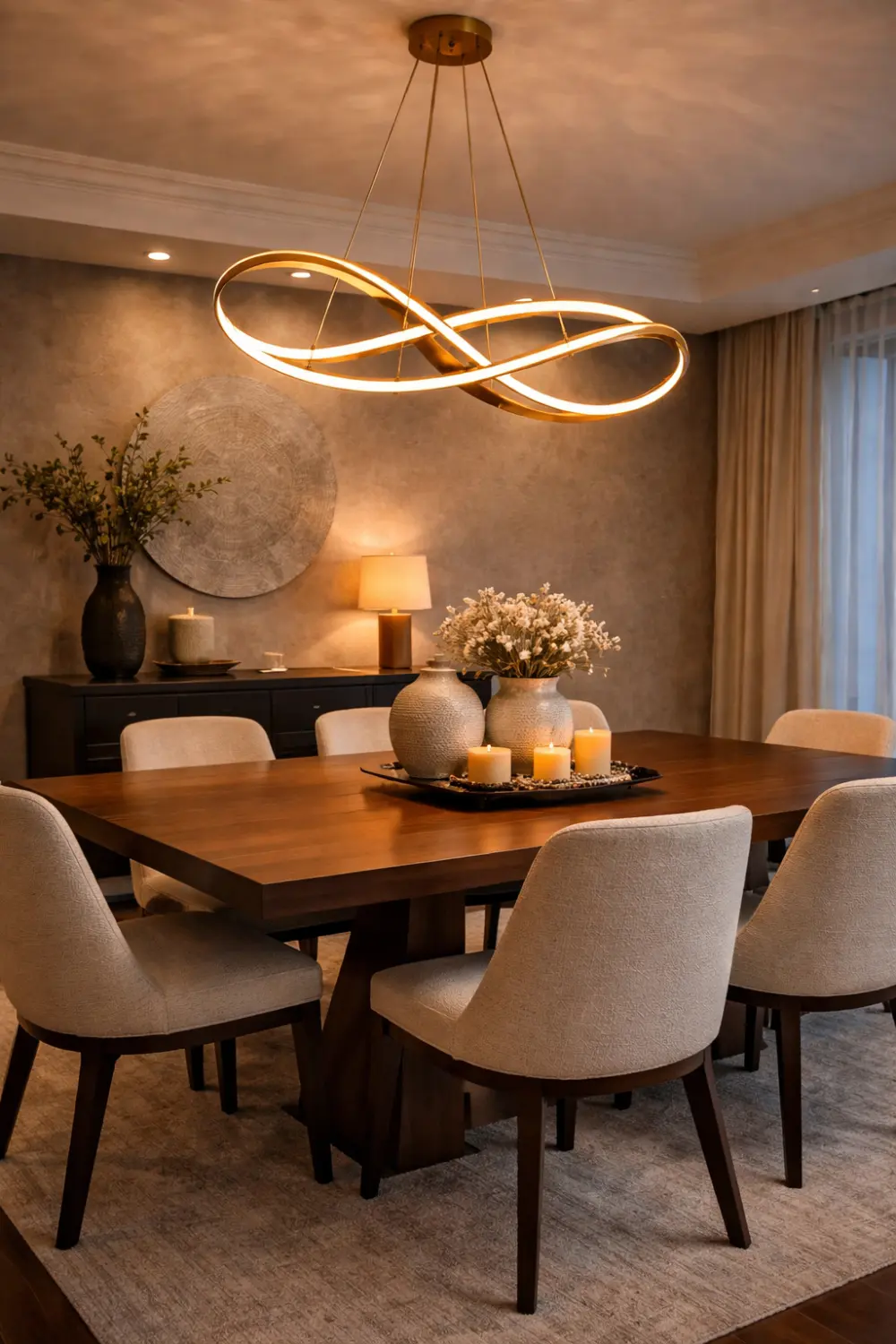 modern dining room pendant lighting idea above wooden dining table with warm lighting