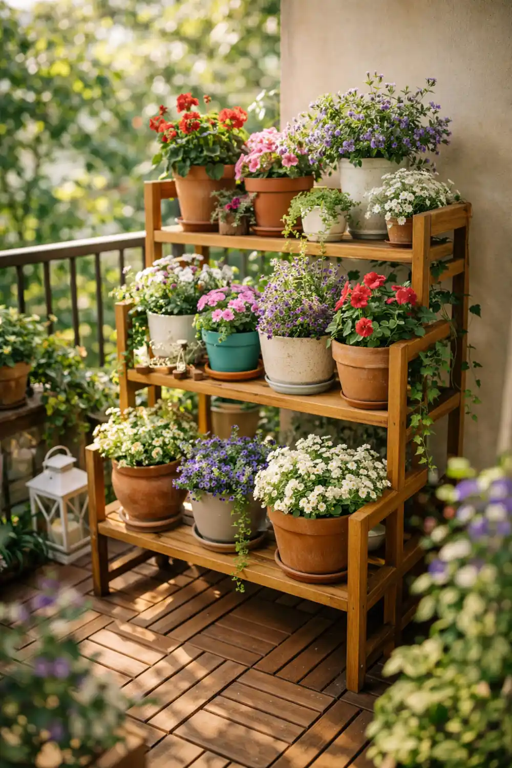 Tiered wooden plant stand on a small balcony displaying multiple potted flowers and greenery arranged in a layered container garden setup.