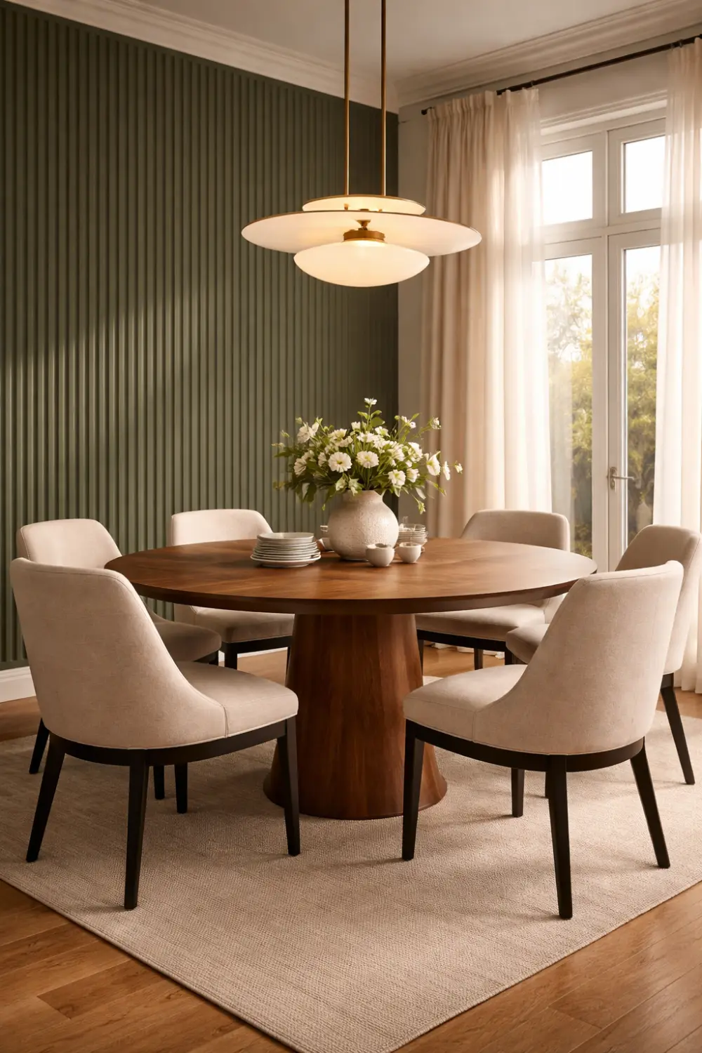 Modern dining room featuring a textured accent wall behind a round wooden dining table, upholstered chairs, pendant lighting, and elegant floral centerpiece.