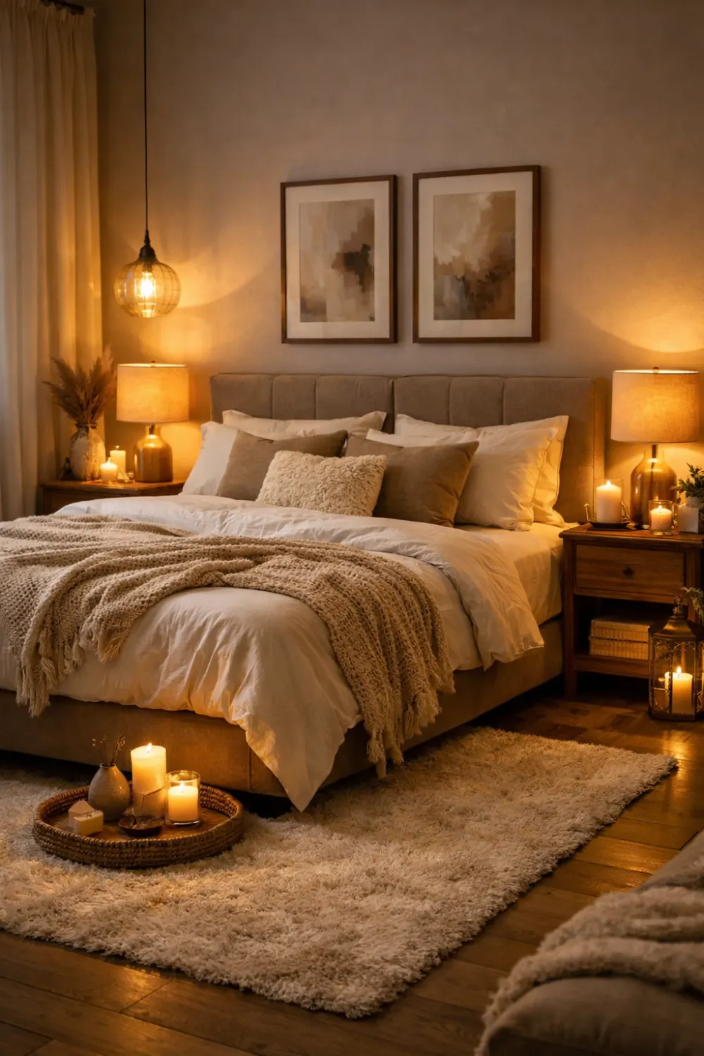 Cozy candlelight romantic bedroom idea for couples with neutral bedding and warm lighting