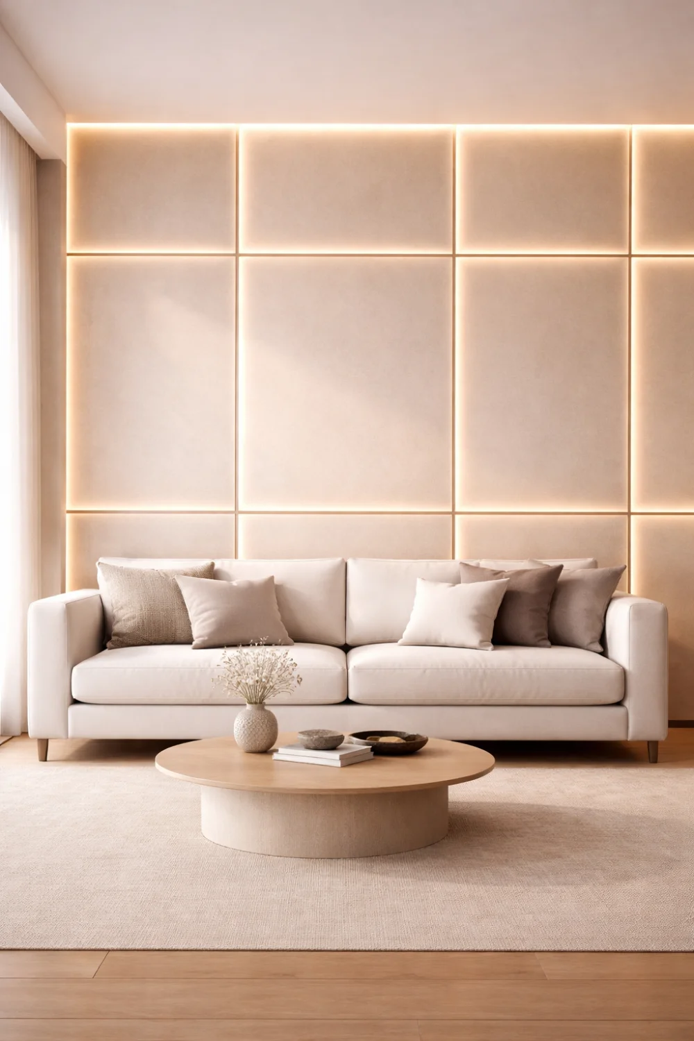 Modern living room with LED backlit wall panels behind a sofa, soft glowing lines creating depth and warm ambient lighting in a neutral interior.