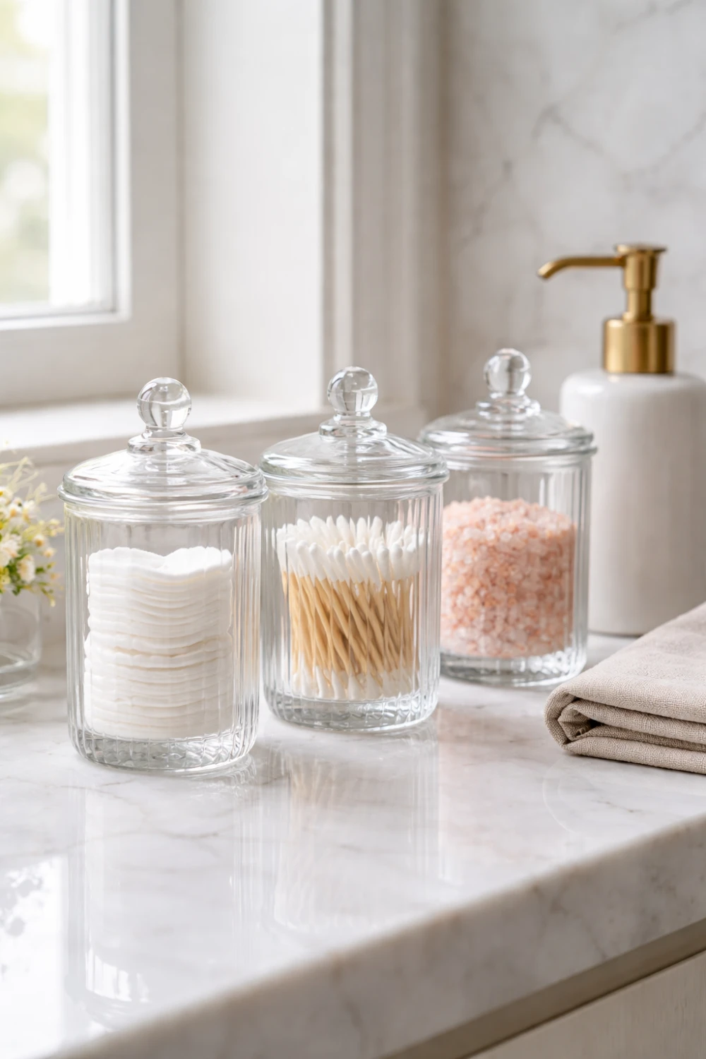 Elegant glass storage jars with cotton pads swabs and bath salts on modern bathroom vanity