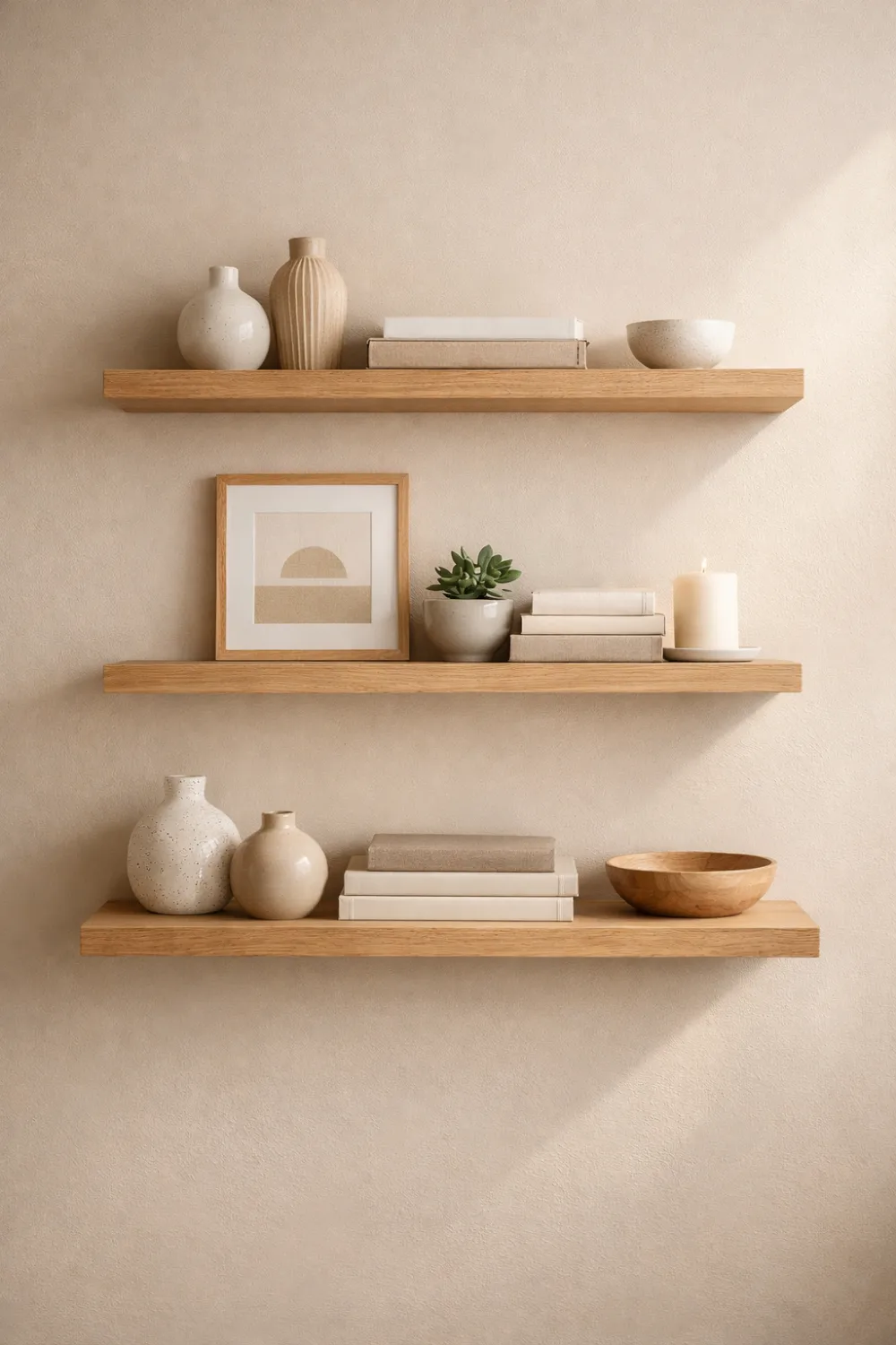 Minimalist floating wooden shelves styled with ceramic vases books candles and plants creating a clean modern wall decor setup with neutral tones.