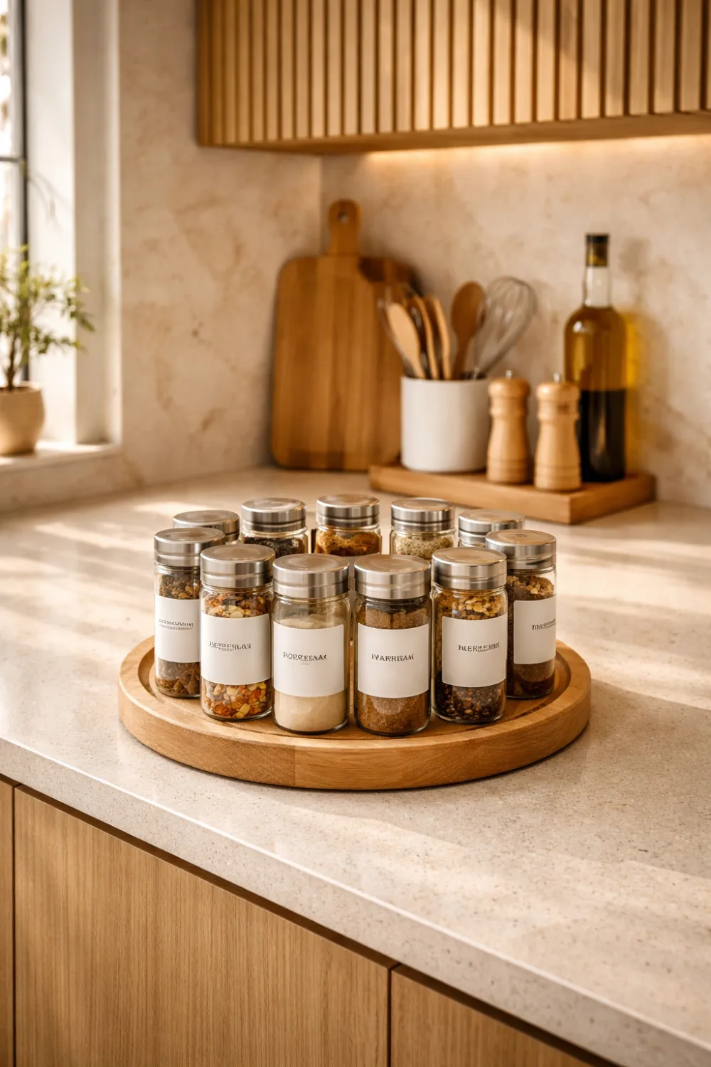 Wooden lazy susan turntable with glass spice jars organized neatly on a modern kitchen countertop with marble backsplash.
