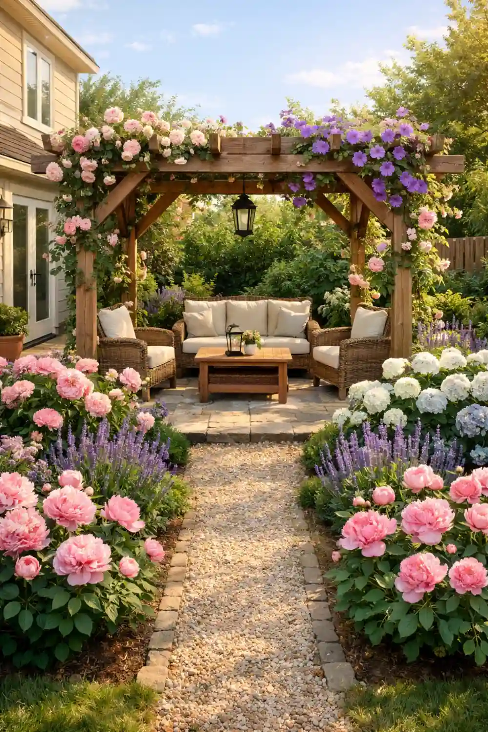 cottage garden pergola seating area with climbing roses hydrangeas and gravel path backyard idea
