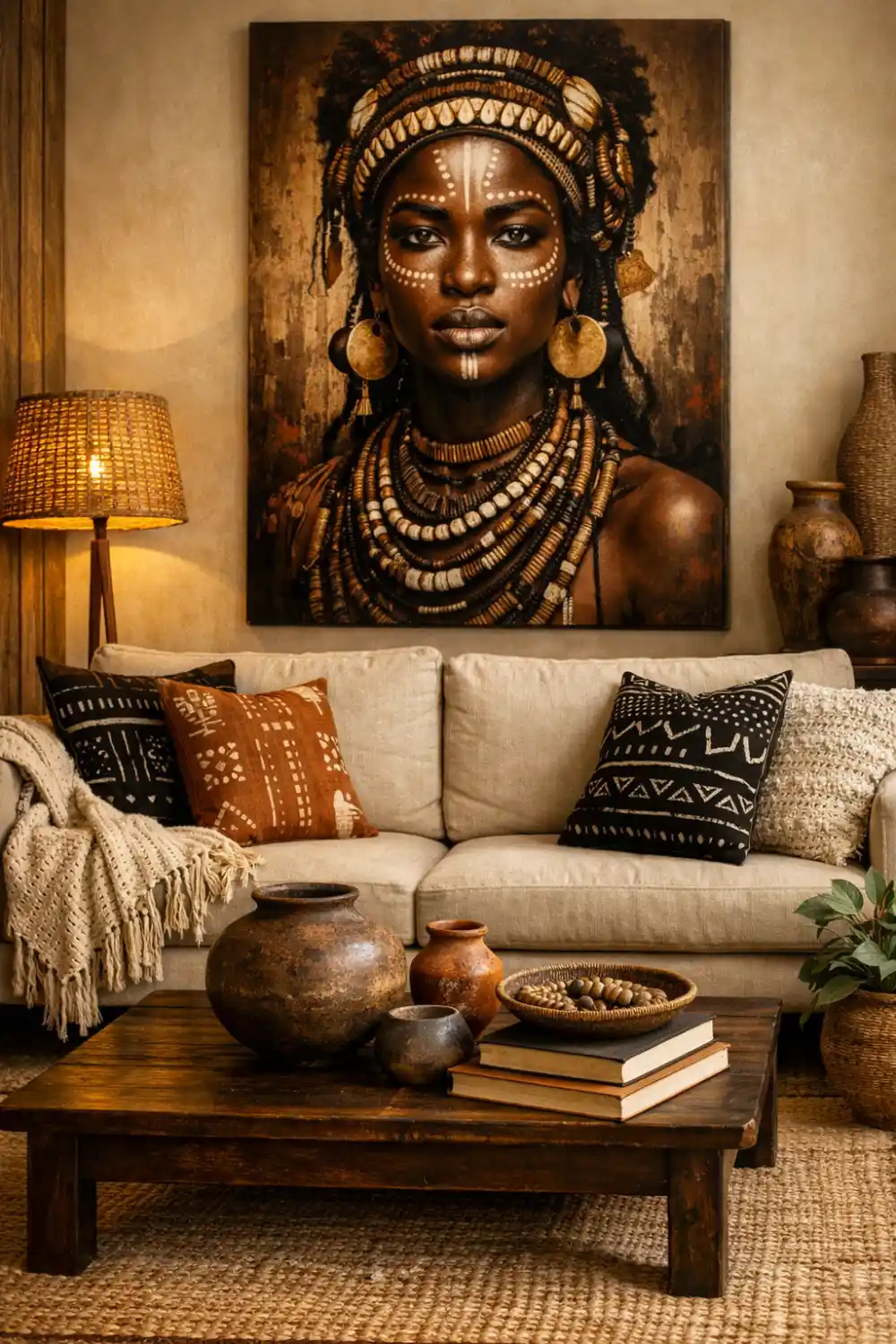 Afrohemian living room with large African portrait art, neutral sofa, mudcloth pillows and rustic wooden table
