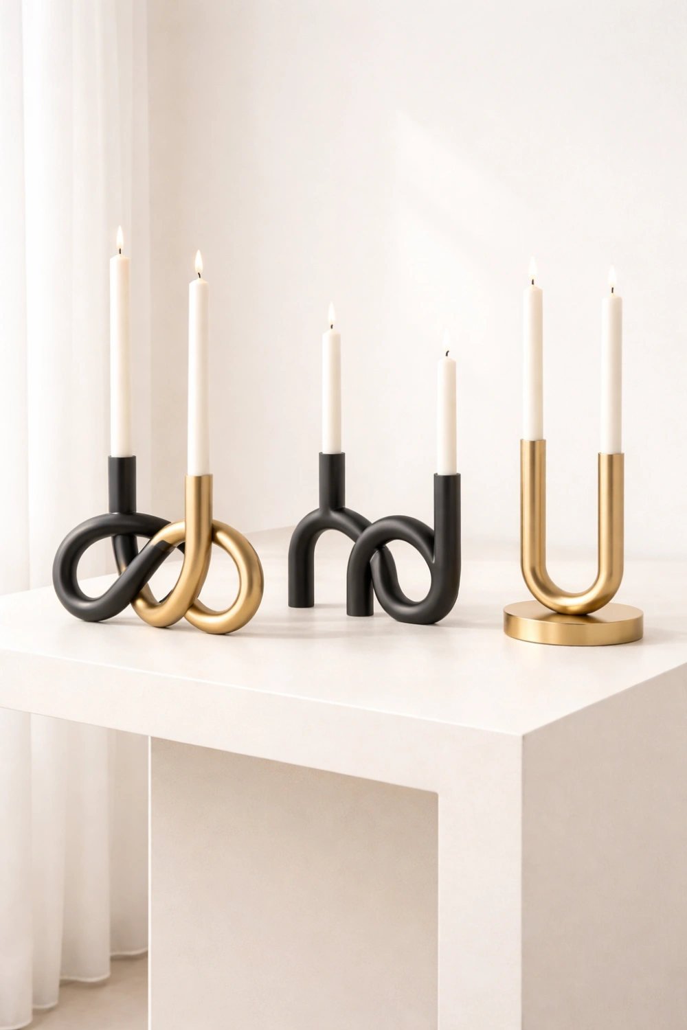 modern black and gold designer candle holders decor setup