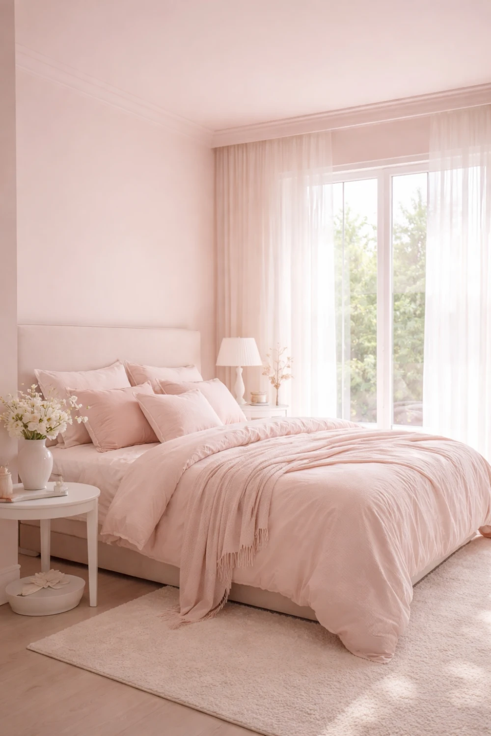 blush pink color drenched bedroom with soft pastel tones and airy lighting