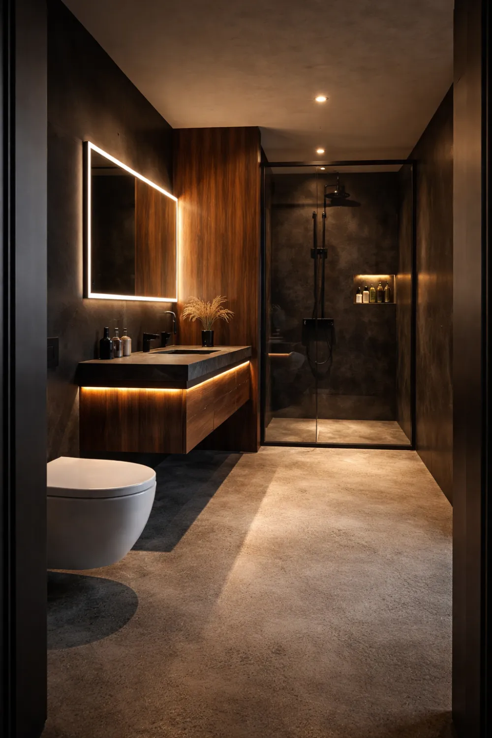 dark small bathroom wood vanity modern lighting luxury design glass shower