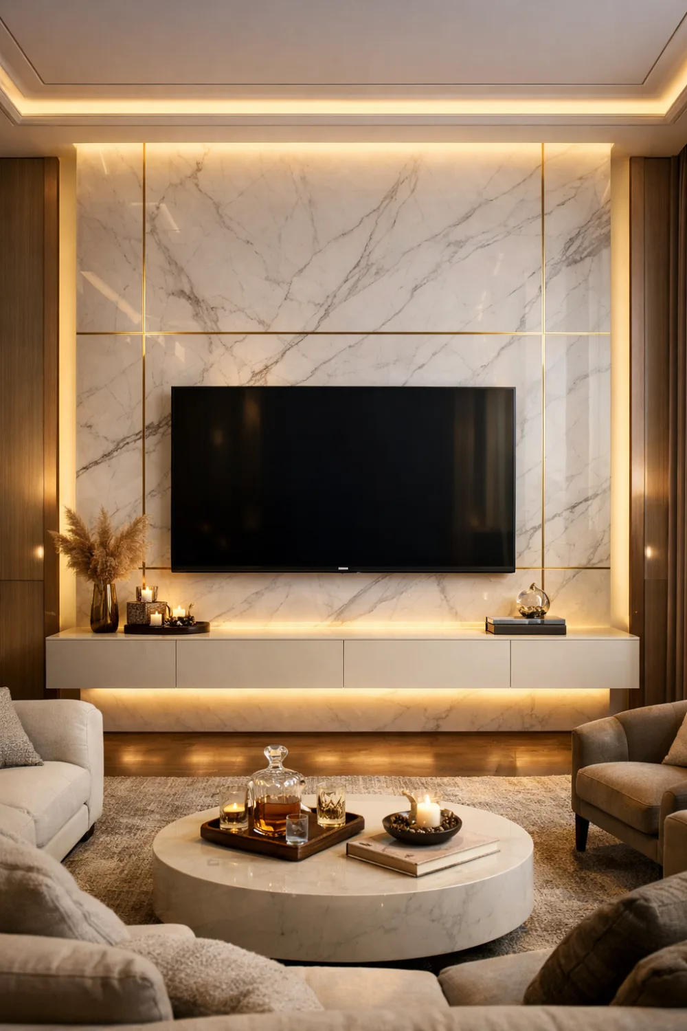 Luxury marble panel TV wall with warm LED lighting and floating cabinet creating an elegant modern living room feature wall