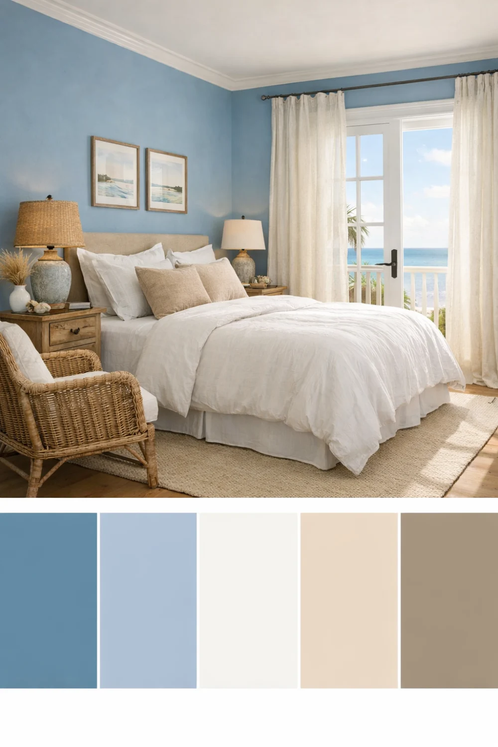 coastal blue bedroom color palette with sandy beige and light neutral tones beach house decor