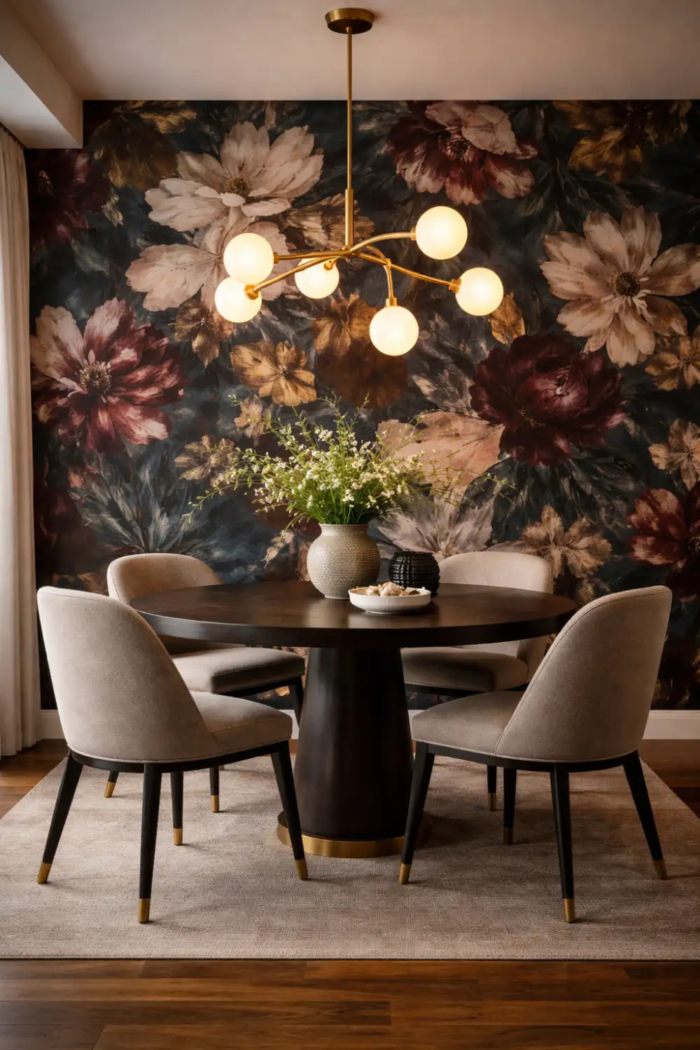 floral wallpaper dining room accent wall bold dark modern dining room decor luxury wallpaper ideas
